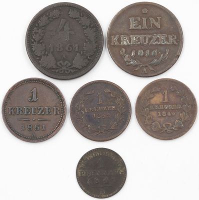 לוט 6 מטבעות מהמאה ה-19, כולל: 1. קרויצר אחד, 1816, אוסטריה במצב מצוין. 2. קרויצר אחד, 1851 