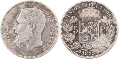 מטבע כסף 5 פרנק מצרפת, 1873, המלך לאופולד השני, 24.9 גרם