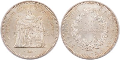 מטבע כסף, צרפתי, 50 פרנק, 1975. משקל: 30 גרם, קוטר: 41 מ"מ, מצב חדש