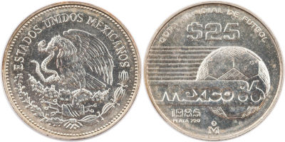 מטבע כסף ממכסיקו, 25 פזו לציון גביע העולם בכדורגל 1986, מצב חדש לחלוטין, משקל 7.7 גרם