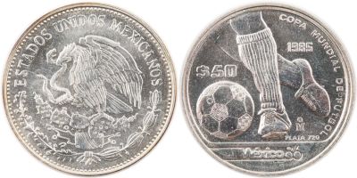 מטבע כסף ממכסיקו, 50 פזו לציון גביע העולם בכדורגל 1986, מצב חדש לחלוטין, משקל 15.7 גרם