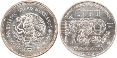 מטבע כסף ממכסיקו, 100 פזו לציון גביע העולם בכדורגל 1986, מצב חדש לחלוטין, משקל 31 גרם