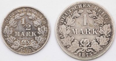 לוט 2 מטבעות כסף גרמניה, כולל: 1. חצי מרק 1918, משקל 2.7 גרם. 2. מרק אחד 1875, משקל 5.4 גרם
