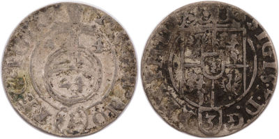 מטבע ריגה בעריך של 3 פולקר - קרוזירס. 1624, השליט זיגמונד השלישי, קוטר 19.6 מ"מ, משקל 1.21 גרם