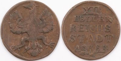 מדינות גרמניה - העיר החופשית AACHEN, עריך 12 הלר, ללא תאריך - הוטבע ב 1760 לערך. קוטר כ 24 מ"מ 
