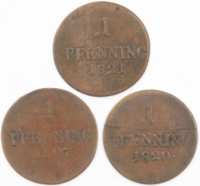 מדינות גרמניה - בואריה. לוט 3 מטבעות של פנינג אחד מהשנים 1807, 1820 ו-1821. השליט מקסימיליאן 