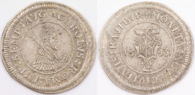 מטבע כסף ממדינות גרמניה, 1543, צ'רלס החמישי, רפליקה אומנותית מוקדמת, קוטר כ-22 מ"מ, משקל 2.62 