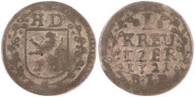 מטבע כסף ממדינות גרמניה - HESSE DARMSTADT. קרויצר אחד 1721, השליט ארנסט לודויג, קוטר 14.5 מ"מ. 