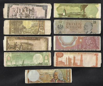 לוט 9 עטיפות מסטיק מסדרת שטרות ישראל ועולם, שונות זו מזו, חברת תמר, שנות השבעים, מצבים שונים