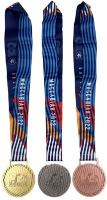 המכביה - לוט 3 מדליות הענקה המכביה ה-21, שנת 2022: ארד, כסף וזהב. כולל סרטי צוואר מקוריים. שמורות היטב