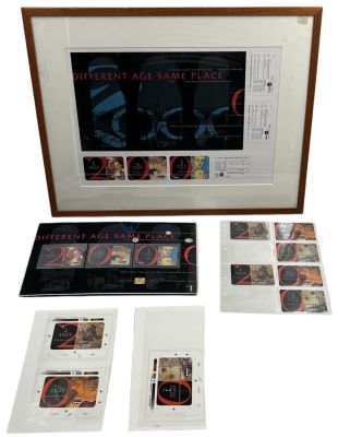 לוט פריטי דפוס של כרטיסים שהונפקו על ידי חברת ברק לכבוד המילניום. כולל: 1. גיליון דפוס ממוסגר 