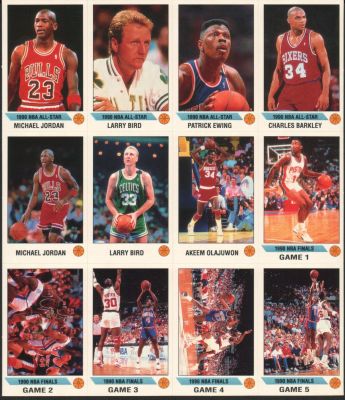 מייקל ג'ורדן - גיליון לא חתוך של 12 מדבקות NBA, שנת 1990, הכולל אגדות כמייקל ג'ורדן, לארי בירד 