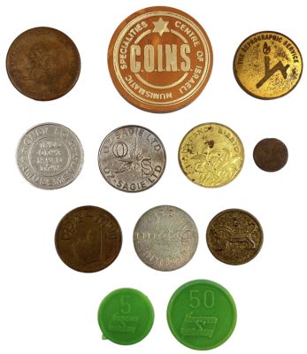 לוט 12 טוקנים ישראלים/יהודים שונים, כולל: מכרות המלך שלמה, צילום הספריה האוניברסיטאית, סומרפין 