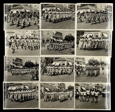 לוט 12 תצלומים ממצעד יום העצמאות הראשון, 1949, ברחובות בתל אביב. בין הצועדים: עובדי חברת המלט 