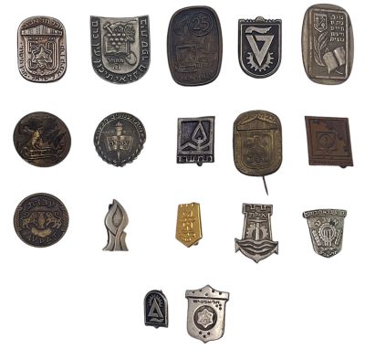 לוט 17 סיכות שונות של ערים ומוסדות חינוך, כולל: מועצה מקומית ערד, אילת, נהריה, תל אביב יפו 