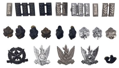 לוט 21 פריטים צה"ליים, כולל דרגות וסמלי כובע