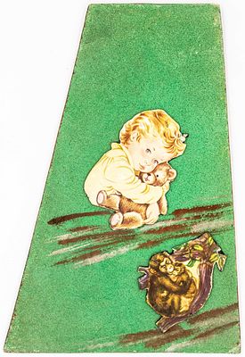 תמונה לתלייה: הדפסה של תבליט עץ בשילוב עם עבודת יד, מדבקת מס קנייה, שנות השישים. מידות: 23 ס"מ 