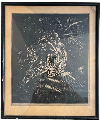 יוסף בודקו - חיתוך עץ, יהודי לומד תורה, 1921, חתום בעיפרון יוסף בודקו. בודקו שימש כמנהלו הראשון של 