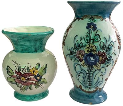 פלקרמיק - קרמיקה ישראלית: לוט 2 פריטים תוצרת פלקרמיק, סדרת ציורי יד: ארגטל גבוה, חתום ארנולד, צ'יפ 