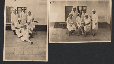 אחיות, מוסד רפואי, ירושלים, 1939. לוט 2 תצלומים של אחיות במוסד רפואי בירושלים, קיץ תרפ"ט, 1939