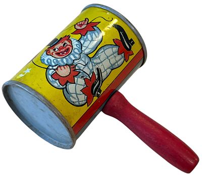 צעצוע פח, רעשן ודמויות ליצנים, תוצרת ארה"ב. צעצוע פח, רעשן, איורים של ליצנים, חתום תוצרת ארה"ב