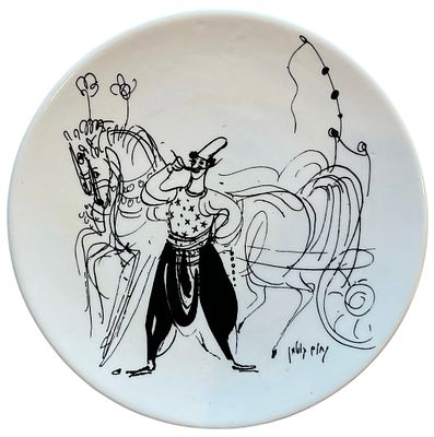 צלחת, נחום גוטמן. קרמיקה ישראלית: צלחת נחום גוטמן, הדפס העגלון מיפו. קוטר: 27 ס״מ