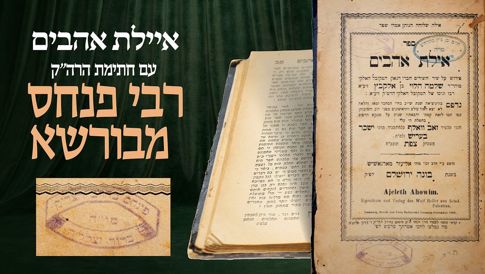 ספר סגולה עם חתימת הרה"ק רבי פנחס מבורשא. ספר איילת אהבים (לבוב, תרמ"ח). 
ספר אילת אהבים 