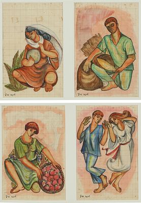Shraga Weil - 1918 - 2009. 4 Preparatory drawings for the Fresco in the Dining Room of Kibbutz Ein