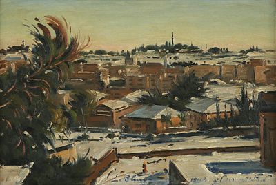 Ludwig Blum - 1974 – 1891. Jerusalem in Snow, 1960, Oil on canvas, 27x41 cm, signed and dated. The