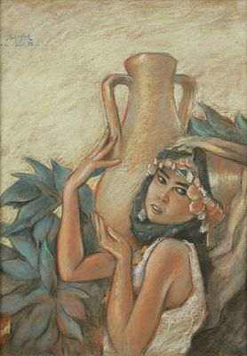 Abel Pann - 1883 - 1963. The Jug Bearer, Pastel on paper, 70x45 cm. Signed.