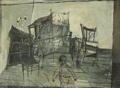 Yosl Bergner - 1920 – 2017. Figures and Chairs, Oil on canvas, 54x73 cm. Signed.