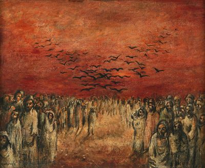 Yosl Bergner - 1920 – 2017. Yemenite Jews in Aden, 1948, Oil on cardboard, 38x46 cm. Signed. Signed