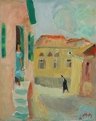 Nachum Gutman - 1898 – 1980. Figures in Neve Tzedek, 1967, Oil on canvas, 41x33 cm. Signed and
