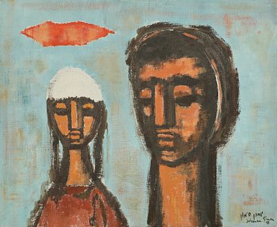 Yochanan Simon - 1905 – 1976. Two Figures in a Kibbutz, 1958, Oil on canvas, 40x50 cm. Signed and dated.