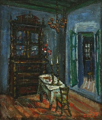Moshe Castel - 1991 – 1909. Room with Shabbat Candles, Oil on canvas, 46x38 cm. Signed.