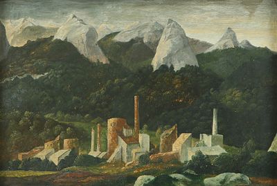 Samuel Bak - b. 1933. Factory in a Landscape, Oil on board, 19x29 cm. Signed.