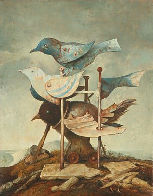 Samuel Bak - b. 1933. Pigeons, Oil on canvas, 35x27 cm. Signed.