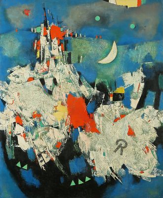 Mordecai Ardon - 1896 – 1992. Imaginaire, 1976, Oil and collage on canvas, 100x80 cm. Signed, dated