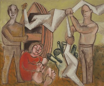 Avraham Ofek - 1935 – 1990. Fishermen, 1971, Oil on canvas, 54x65 cm. Signed, titled and dated on