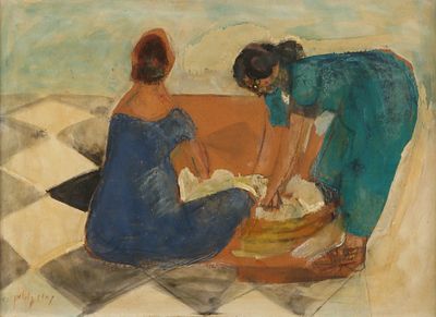 Nachum Gutman - 1898 – 1980. Laundress, 1951, Oil on cardboard laid down on canvas, 35X50 cm.