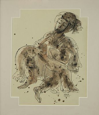 Reuven Rubin - 1893 – 1974. Flutist, Watercolor and ink on paper, 58x45 cm. Signed. The