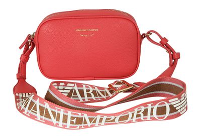 EMPORIO ARMANI תיק צד. עור אדום מגורען. עיטורי מתכת מוזהבים. רצועת כתף מעוטרת בלוגו המותג וניתנת