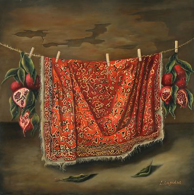 לדה לפידוס - נ. 1971. שטיח פרסי מתפרק, שמן על בד, 80X80 ס"מ, חתום.