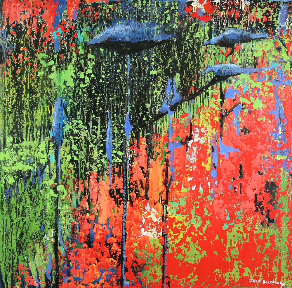 Zvia Merdinger - Composition in Red, 
Oil on canvas, 100X100 cm. 
Signed.