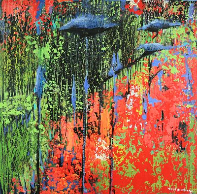 צביה מרדינגר - קומפוזיציה באדום, 
שמן על בד, 100X100 ס"מ, 
חתום.