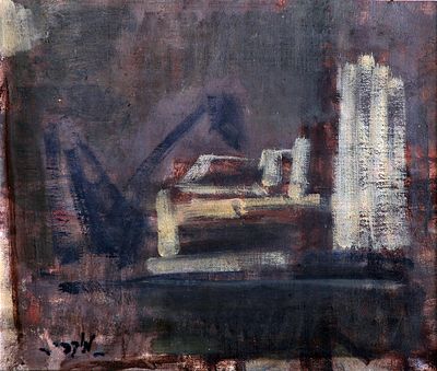 משה מוקדי - 1975 - 1902. שולחן עבודה, שמן על בד מוצמד לעץ, 26X31 ס"מ, חתום.