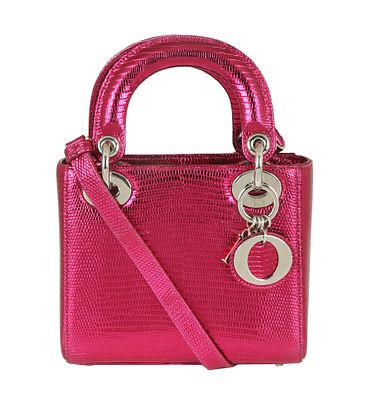 CHRISTIAN DIOR LADY DIOR MINI SHOULDER BAG. Fuchsia color lizard leather. Silver-tone hardware. 