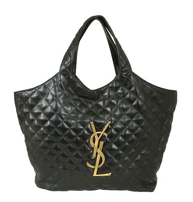 YSL OVERSIZED SHOULDER BAG. Smooth black leather with quilted diamond stitching. Gilt metal 