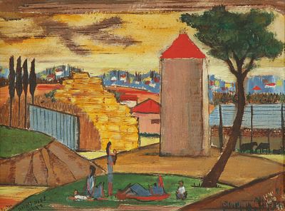 יוחנן סימון - 1976 – 1905. דמויות בקיבוץ, 1952, שמן על בד, 21x29 ס"מ, חתום, מתוארך ומוקדש.