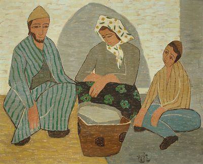 שמואל שלזינגר - 1986 – 1896. דמויות בשוק, שמן על בד, 65x81 ס"מ, חתום.